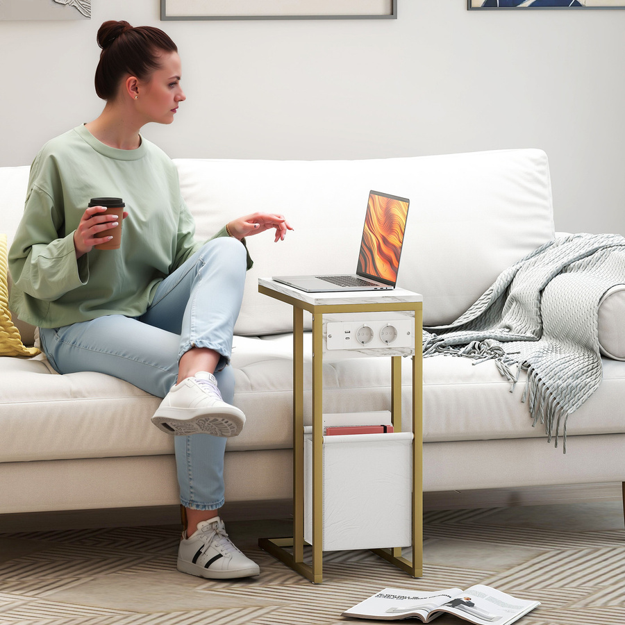 HOMCOM Beistelltisch mit Ladestation in C-Form mit Stoffaufbewahrungssack und Marmoroptik, Farbe: Weiß/Gold, B/T/H: 46 x 25 x 62,5 cm, Aosom - Bild 2