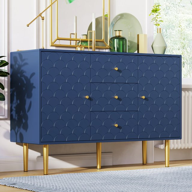 PINGGO Kommode in Marineblau mit 3 Schubladen, 2 Türen und verstellbarem Regal, Aufbewahrungsschrank für Wohnzimmer und Schlafzimmer, B/T/H: 120 x 40 x 83 cm - Bild 1