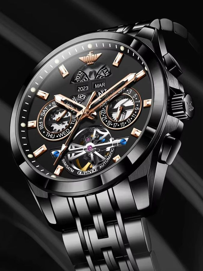 OUPINKE Automatik-Armbanduhr, Edelstahl, Schwarz, Herren - Bild 6