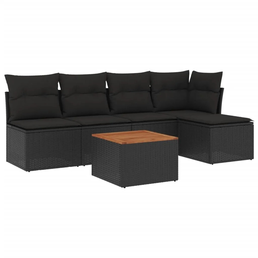 vidaXL 6-tlg Garten-Sofagarnitur aus Poly-Rattan und Akazienholz in Schwarz mit Kissen - Bild 2