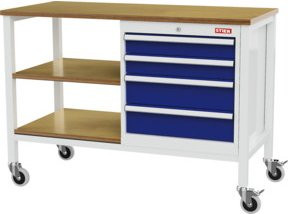 STIER Mobile Kastenwerkbank mit 4 Schubladen und 2 Holzfachböden, B/T/H: 130 x 60 x 96 cm, Stahl und Holz, Farben: Grau, Blau, Weiß - Bild 1