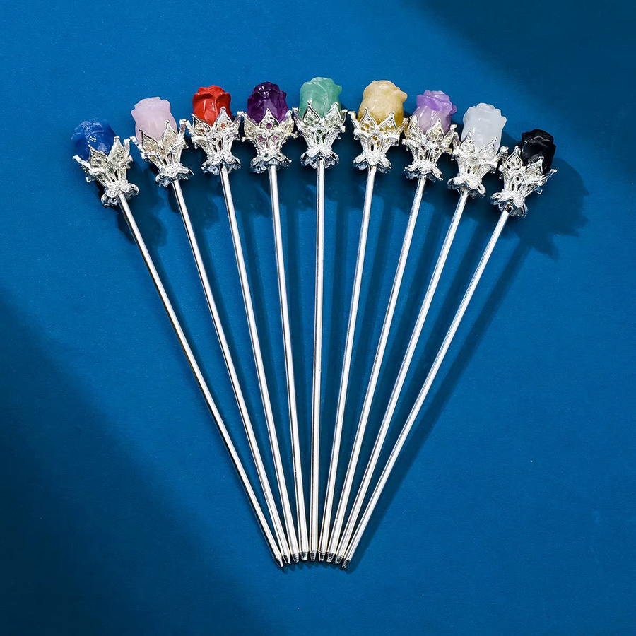 2 Stück Runyangshi Haarspangen aus natürlichem Regenbogen-Fluorit mit Rosen- und Herz-Schnitzerei in Multicolour - Bild 3
