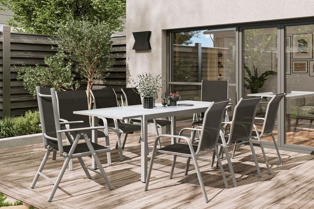 Villana Garten-Essgruppe aus Aluminium und Textil in Silber/Schwarz mit ausziehbarem Tisch und 8 Stühlen - Bild 1