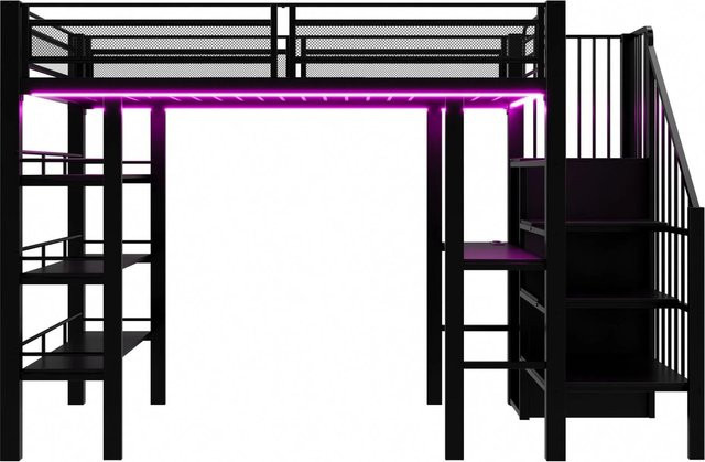 Merax Hochbett für Erwachsene aus Metall und MDF in Schwarz mit LED-Unterbettbeleuchtung, USB-Ladeport und Treppe, B/T/H: 90 x 200 x 178,5 cm - Bild 1