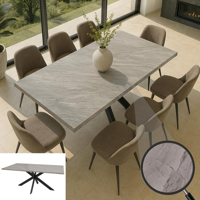 MCW Esszimmertisch O55 Industrial Design in Marmor-Optik Grau aus MDF und Metall, B/T/H: 180 x 90 x 76 cm - Bild 1