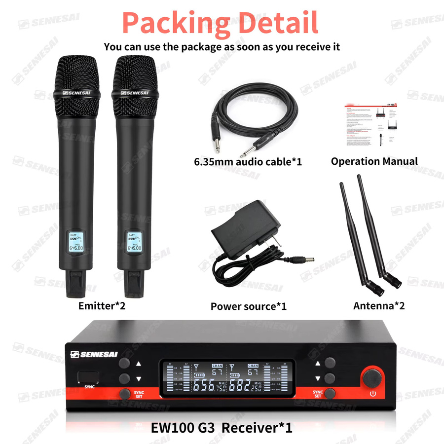SENNESAI Em100g3 Professionelles Duales Drahtloses UHF Mikrofon-System mit 2 Kanälen, Dynamisches Metall-Handmikrofon in Schwarz - Bild 4