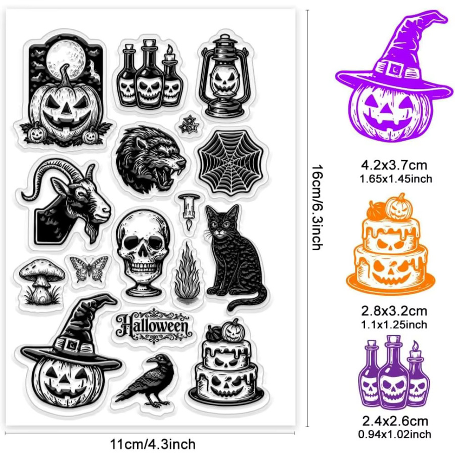 Transparenter Gummistempel mit Totenköpfen, Kürbissen, Krähen und schwarzer Katze in Schwarz für Karten und Bastelarbeiten - Bild 2