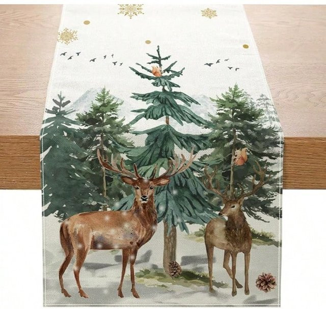 JIT 1 Weihnachts-Tischläufer aus Polyester mit Hirsch- und Kiefernwald-Motiv in Mehrfarben, rustikale Esstisch-Dekoration - Bild 1