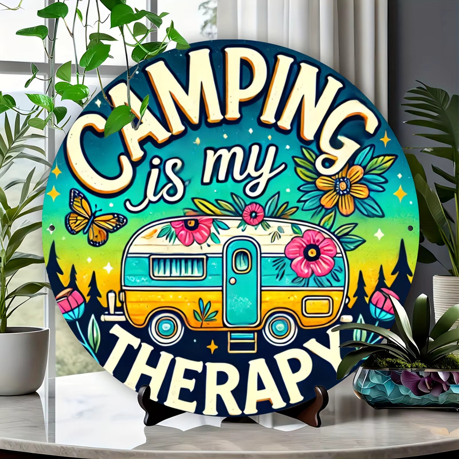 Potdemiel Aluminium-Wandkunst Camping is My Relax im Vintage-Stil, runde Metall-Dekoration mit Naturdesign, Durchmesser: 19,81 cm, Mehrfarbig - Bild 2