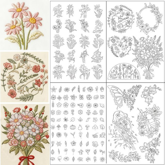 100 Stück wasserlösliches Stickpapier-Set mit Blumenmuster inklusive 12 farbigen Metallfäden und 16 Nadeln für deine DIY-Projekte - Bild 1