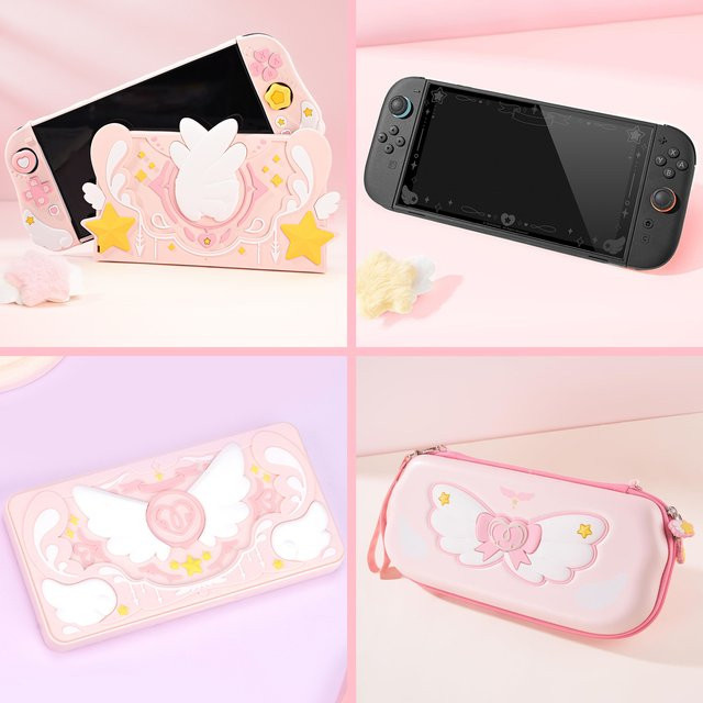 GeekShare Schutzhülle Set für Nintendo Switch 2 inklusive Tragetasche, Dock-Abdeckung und Spielkarten-Hülle mit HD-Folie, Farbe: Pink, Design: Star Wing - Bild 1