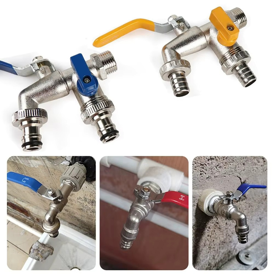 Doppelkopf-Wasserhahn-Adapter aus Metall mit Ventil-Schalter für Gartenbewässerung und Waschmaschine in Gelb und Silber - Bild 1