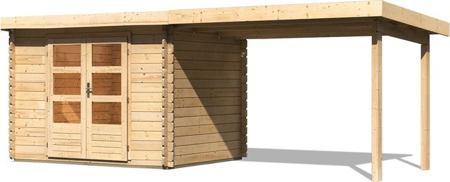 Karibu Gartenhaus San Antonio Blockbohlenhaus aus Fichtenholz mit beidseitig anbringbarem Anbaudach und Fußboden in naturbelassen Braun - Bild 1