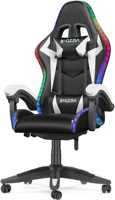 Rattantree Ergonomischer Gaming Stuhl mit LED Beleuchtung und Kopfstütze in Weiß aus Kunstleder - Bild 1