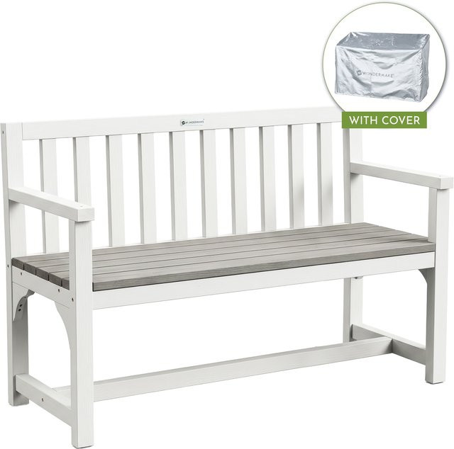 WONDERMAKE Gartenbank aus Massivholz als 2-Sitzer mit Abdeckung, wetterfeste Holzbank für Garten und Terrasse in Weiß und Grau - Bild 1
