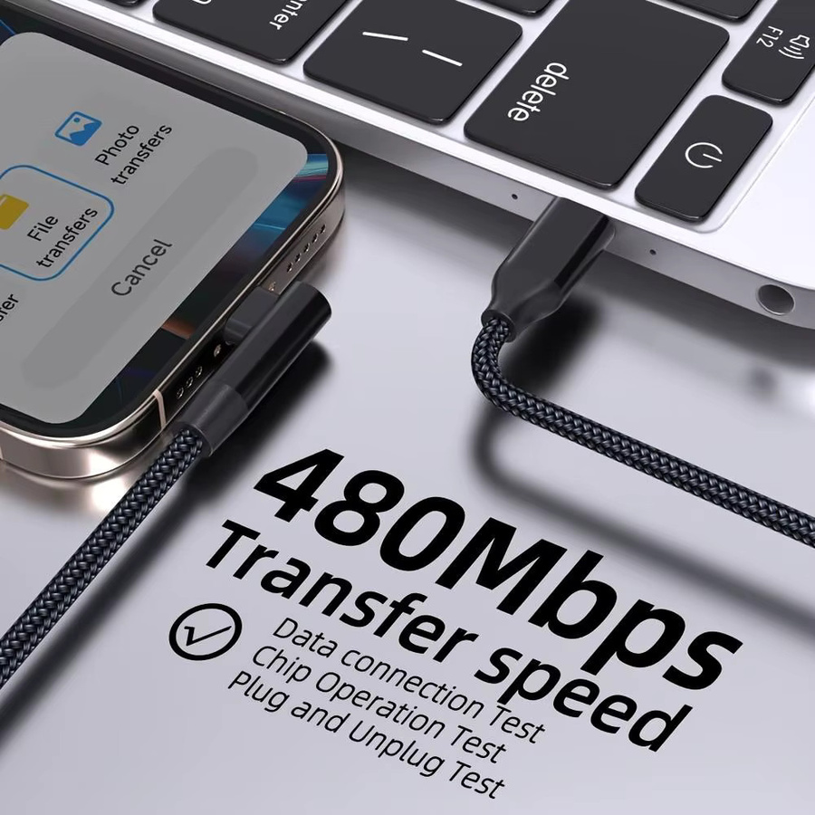 LAIHONEN USB-C Schnelllade-Datenkabel 60W mit 90 Grad Winkel, schwarzes Nylon-Geflechtkabel für Samsung, iPhone 15 und iPad - Bild 3