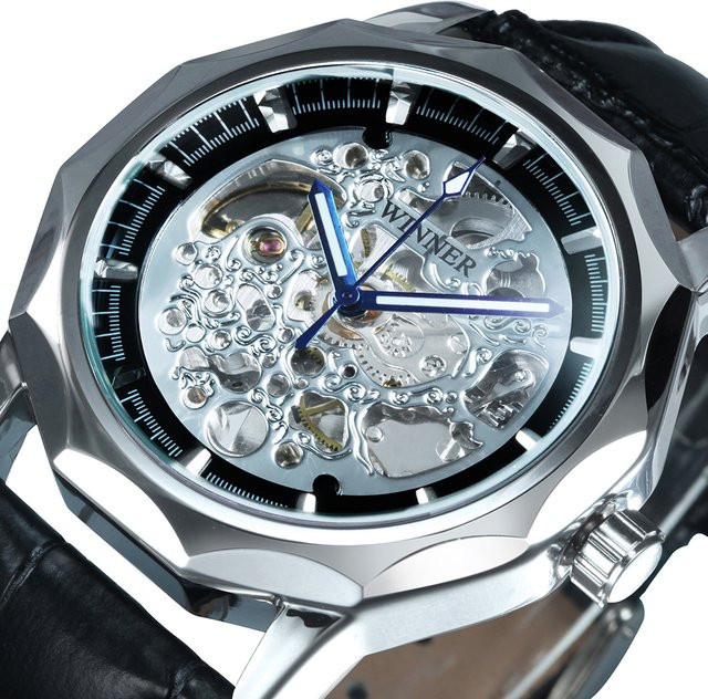GEWINNER Herren Armbanduhr, Automatik, Edelstahl, Leder, Silber, Eckig - Bild 1