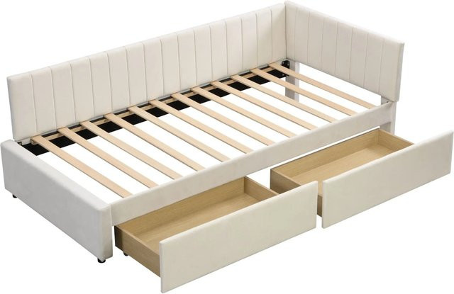 Merax Schlafsofa aus Samt mit Schubladen in Beige, Mid-Century Design, B/T/H: 90 x 200 x 68 cm - Bild 1
