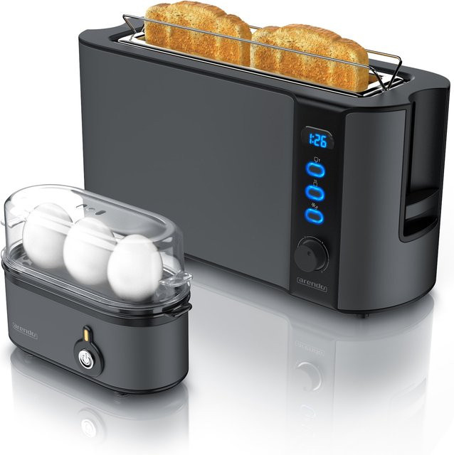 Arendo Frühstücks Set in Grau und Silber aus Edelstahl und Kunststoff mit Eierkocher und Edelstahl Langschlitz Toaster - Bild 1