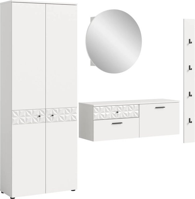 Inn.Furn Garderoben-Set Weiß Hochglanz mit Schuhschrank, Spiegel und Wandpaneel, Breite: 226 cm - Bild 1