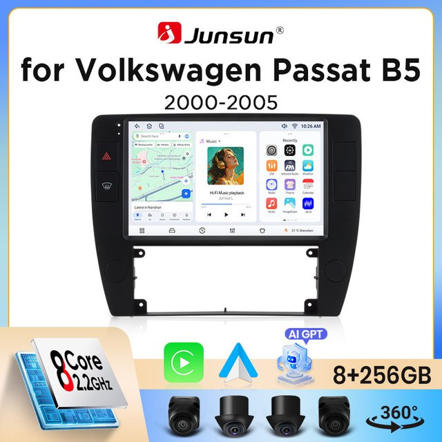 Junsun Kabelloses CarPlay und Android Auto Autoradio für Volkswagen Passat B5.5/3BG 2000-2005 in Schwarz mit GPS Navigation, WiFi, Bluetooth und integriertem Lüfter - Bild 1
