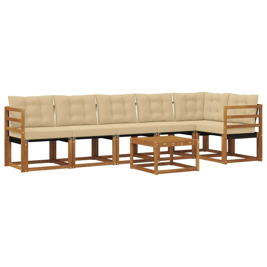vidaXL Outdoor-Sofagarnitur 7-teilig aus Akazienholz und Textilene in Natur-Beige mit Kissen und Armlehnen - Bild 2