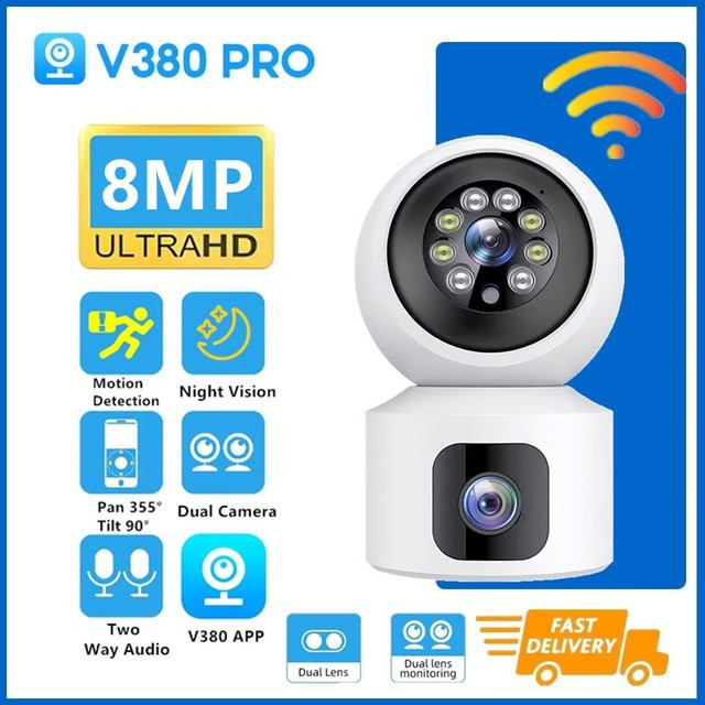 V380 Pro Dual-Objektiv Smart Home Überwachungskamera mit 8MP Auflösung, WiFi und Zwei-Wege-Audio, Weiß - Bild 1
