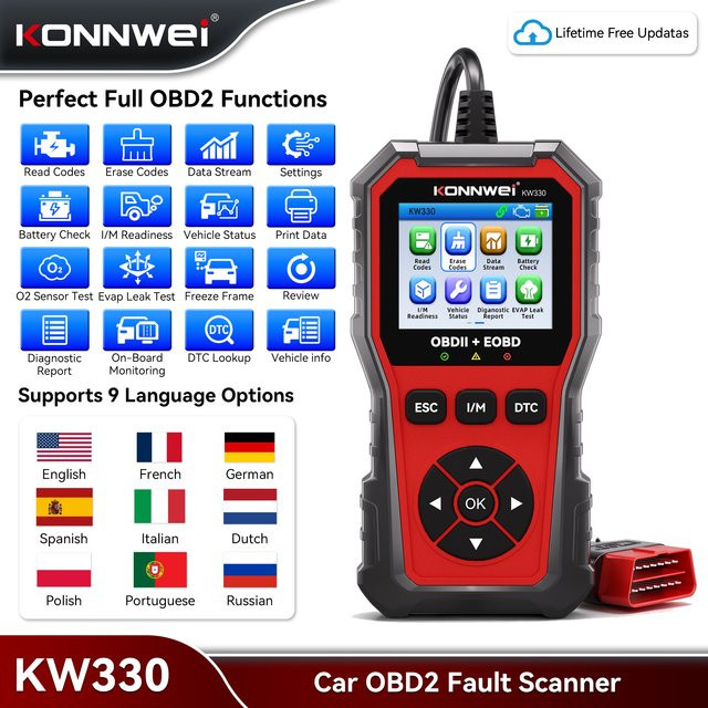 KONNWEI KW330 Auto OBD2 Scanner in Schwarz: Professionelles Kfz-Diagnosegerät zur Fehlercode-Löschung, Batterietest und Echtzeitdaten-Analyse - Bild 1