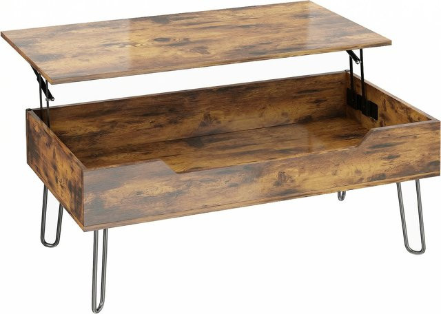 Aosom Rechteckiger Couchtisch aus Holz und Metall im Industrial Design, höhenverstellbar mit verstecktem Stauraum, Rustikalbraun, B/T/H: 95 x 50 x 40 cm - Bild 1