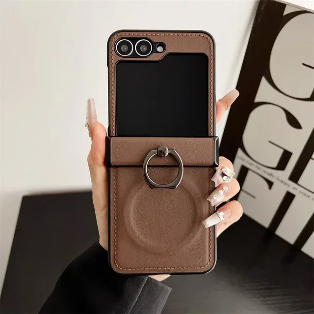 Magnetische Leder-Schutzhülle für Samsung Galaxy Z Flip 8 7 6 5 4 3 mit Ringscharnier und kabelloser Ladefunktion in Schwarz - Bild 1