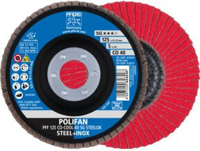 PFERD TOOLS POLIFAN Fächerscheibe PFF CO-COOL 40 SG STEELOX für Stahl und Edelstahl, Farbe: Rot, Durchmesser: 125 mm, Bohrung: 22,23 mm - Bild 1