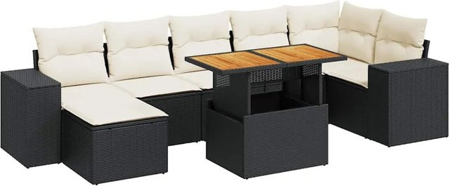 vidaXL 8-tlg Garten-Sofagarnitur in L-Form aus Polyrattan und Akazienholz mit Kissen in Schwarz-creme - Bild 1