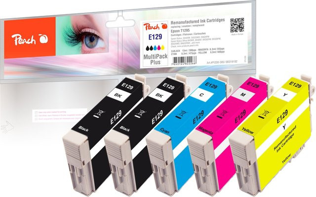 Peach E129 XL Druckerpatronen Set für Epson T1295 und T1291, 5er Pack (2x Schwarz, Cyan, Magenta, Gelb), wiederaufbereitet - Bild 1