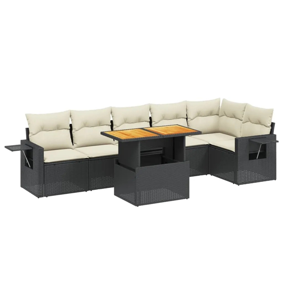 vidaXL 7-teilige Garten-Sofagarnitur aus Polyrattan in Schwarz mit cremeweißen Kissen und Akazienholz-Elementen - Bild 2