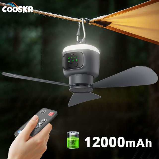 Raugee Tragbarer Deckenventilator für Outdoor und Camping in Grau mit 12000mAh Akku, LED-Licht und Fernbedienung - Bild 1