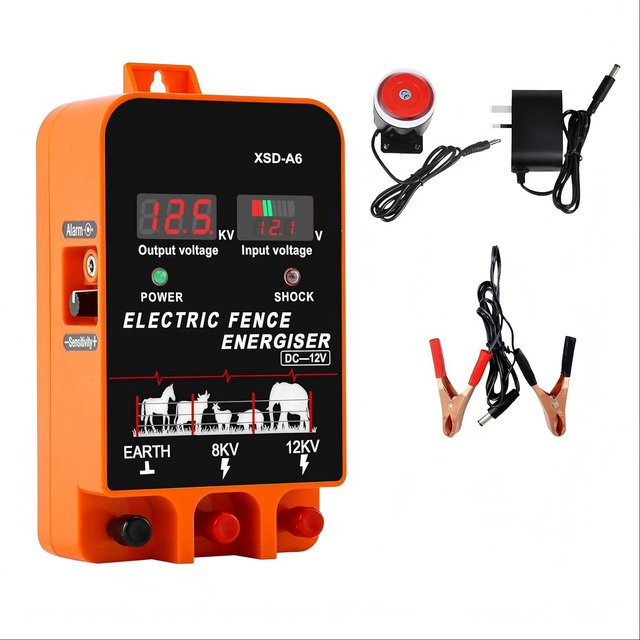 Elektrozaun-Energizer mit 5,5 Joule und LCD-Display, 12 V Viehregler für bis zu 20 km Zaunlänge mit Alarmfunktion, Farbe: Orange - Bild 1