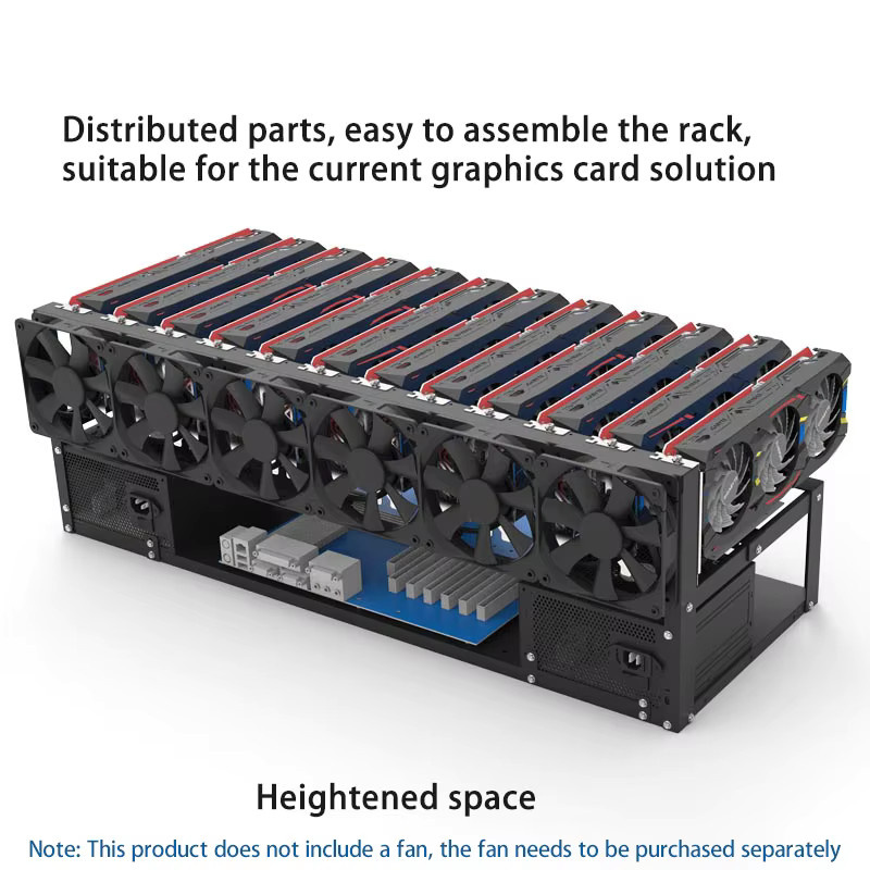 Open Frame Mining Rig GPU-Halterung für 6/8/12 Grafikkarten mit Dual Power Supply Unterstützung und Kühlung in Schwarz - Bild 4