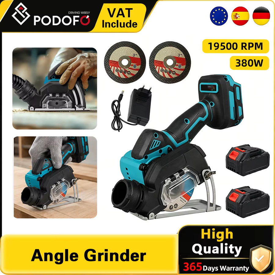 Podofo Kabelloser Mini-Winkelschleifer mit Makita-Batterieschnittstelle, 21V 380W, 19500RPM, Schwarz, inklusive 2x 4,0Ah Akku, Ladegerät und Trennscheiben für Metall, Holz und Stein - Bild 1