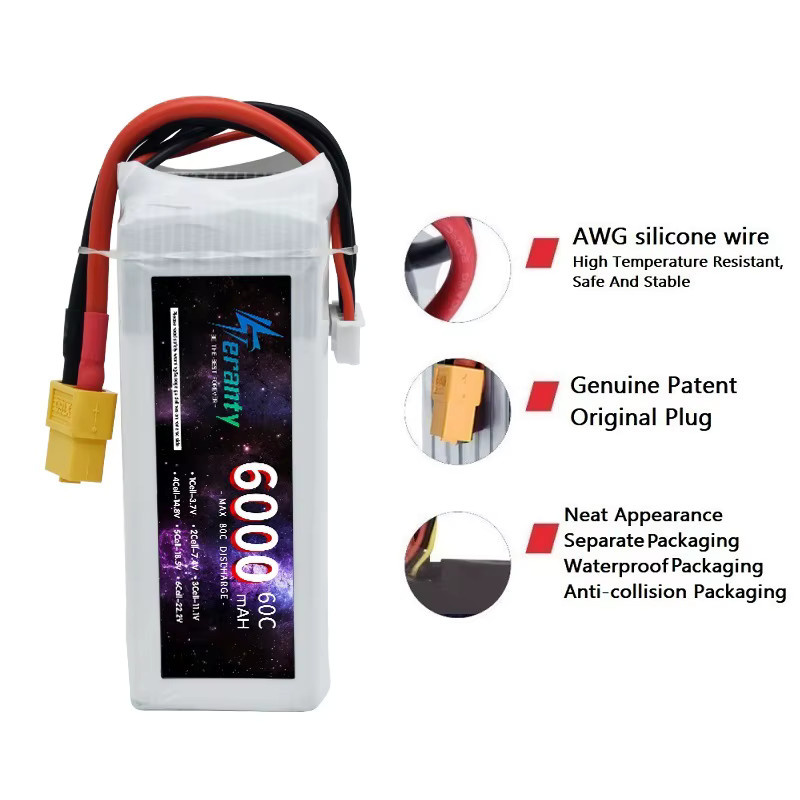 TERFPV Li-Ion Akku 14,8 V 4S 6000 mAh mit Deans T/XT60/TRX/EC5 Stecker in Weiß für RC Flugzeuge, Hubschrauber, Autos und Boote 60C - Bild 2