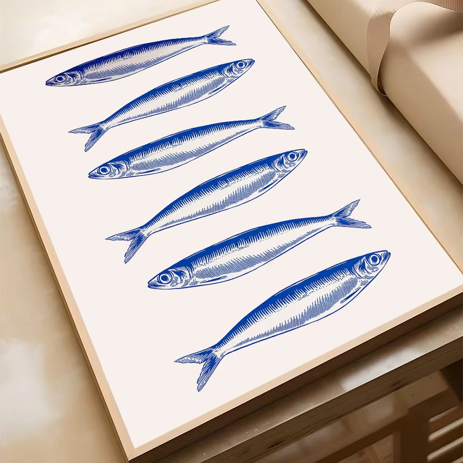Potdemiel Leinwandmalerei Meeresbewohner mit Sardinen und Hummer in Bunt, Maritimes Kunstposter für Wohnzimmer und Bar - Bild 2