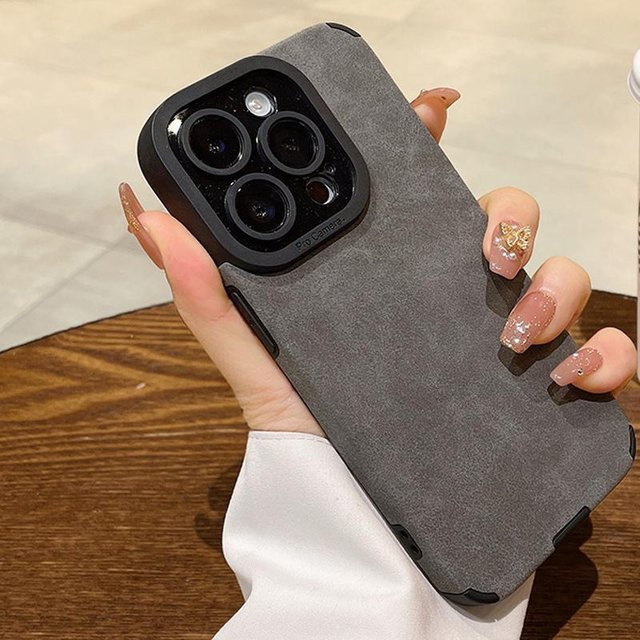 Shawnmyle Stoßfeste Plüsch-PU-Lederhülle für iPhone 13 Pro in Grau - Bild 1