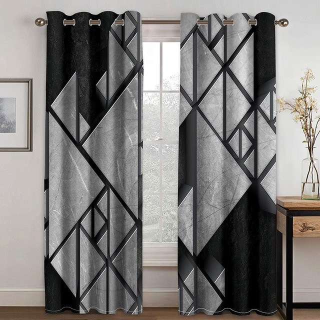 A Family Of Home Textiles Vorhänge mit abstraktem geometrischem Design in Schwarz, 2er-Set, semi-transparent, Breite: 50 cm, Höhe: 130 cm - Bild 1