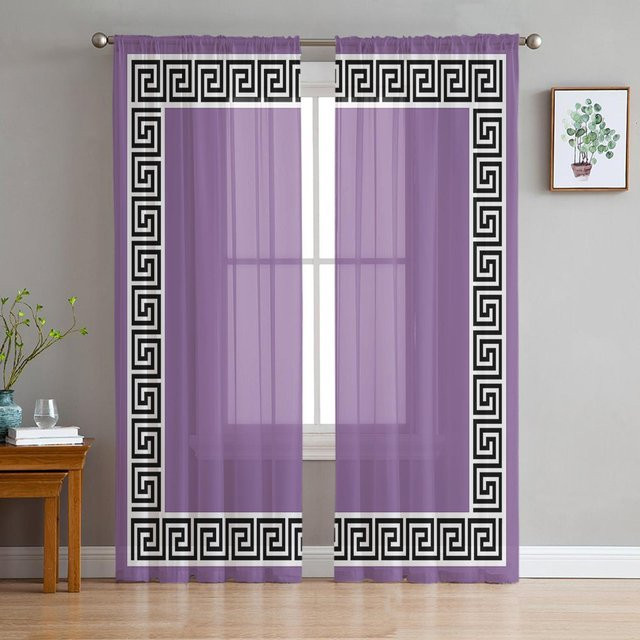 Transparente Tüll-Vorhänge im chinesischen Stil mit geometrischem Muster von Household supplies MH, Farbe: Lila/Grau, B: 135 cm, H: 115 cm - Bild 1