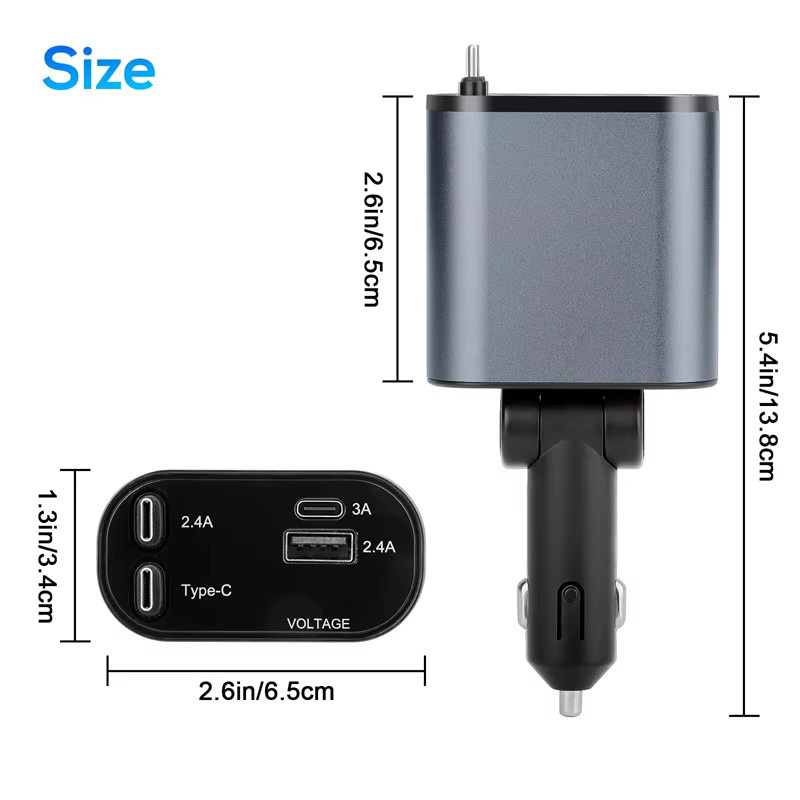 120 W 4-in-1 Einziehbares Autoladegerät mit USB-C Schnellladung als Zigarettenadapter für iPhone, Xiaomi und Huawei - Bild 3