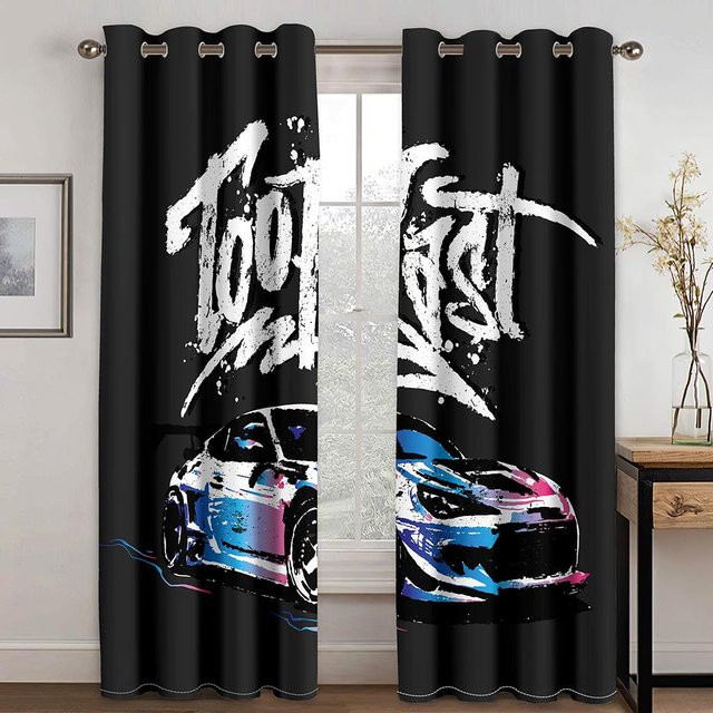 2er Set Sportwagen Vorhänge mit 3D-Design für Kinder und Erwachsene, Schwarz, B: 88 cm, H: 220 cm - Bild 1
