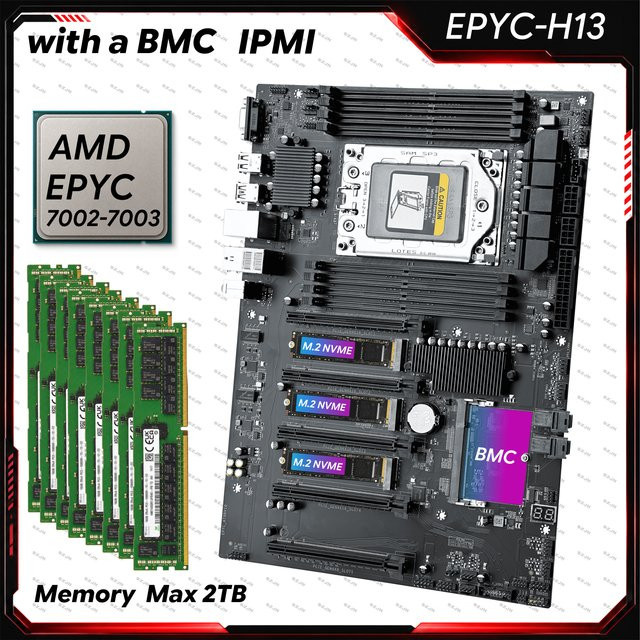 JGINYUE H13 Motherboard-Set mit BMC IPMI für AMD EPYC 7002 und 7003 Serie, 8-Kanal-Speicher bis 2TB, 4x PCIe x16 und Dual 2.5G Netzwerk, Schwarz - Bild 1