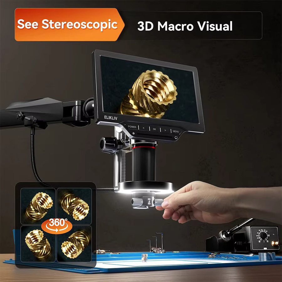 Elikliv EM3K-3D Max 10,1 Zoll 3D Digitalmikroskop mit HDMI, magnetisches Doppellinsen-Lötmikroskop für Elektronik in Schwarz - Bild 2