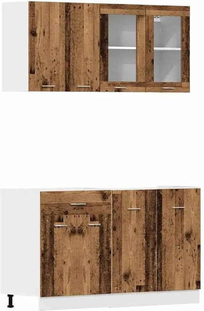 vidaXL 4-teiliges Küchenschrank-Set Lyon in brauner Altholz-Optik aus Holzwerkstoff mit Glastüren und Schubladen - Bild 1