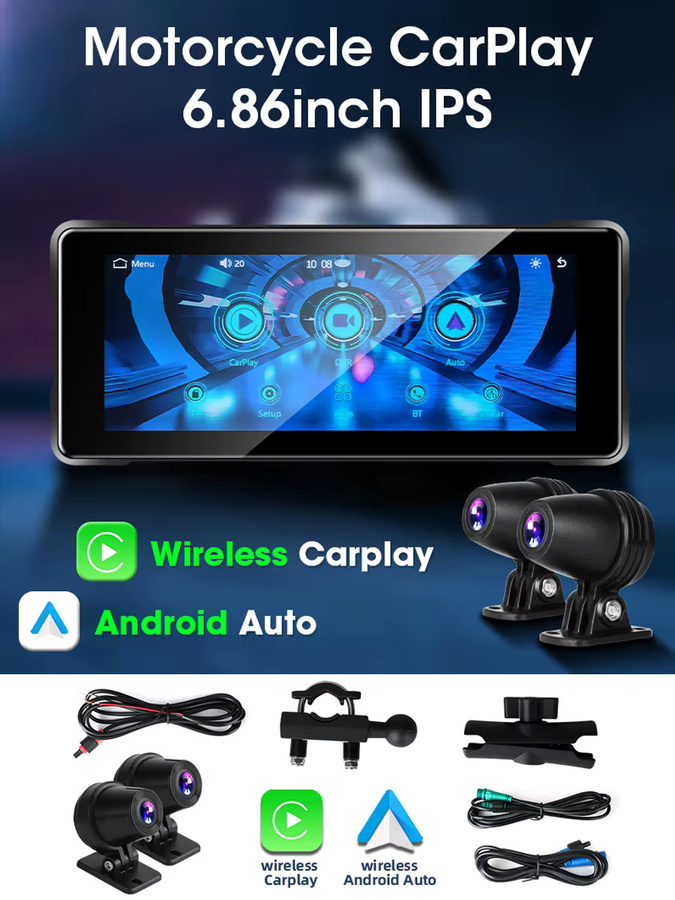 Jansite Tragbarer Motorrad-DVR mit 6,86 Zoll IPS-Bildschirm, GPS-Navigation, Wireless CarPlay und Android Auto, Bluetooth, IPX7 Wasserdicht, Schwarz - Bild 6