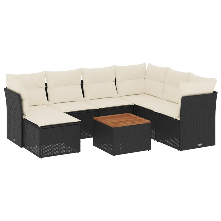 vidaXL 8-tlg Garten-Sofagarnitur in L-Form aus Polyrattan und Akazienholz mit Kissen, Schwarz und Cremeweiß - Bild 2